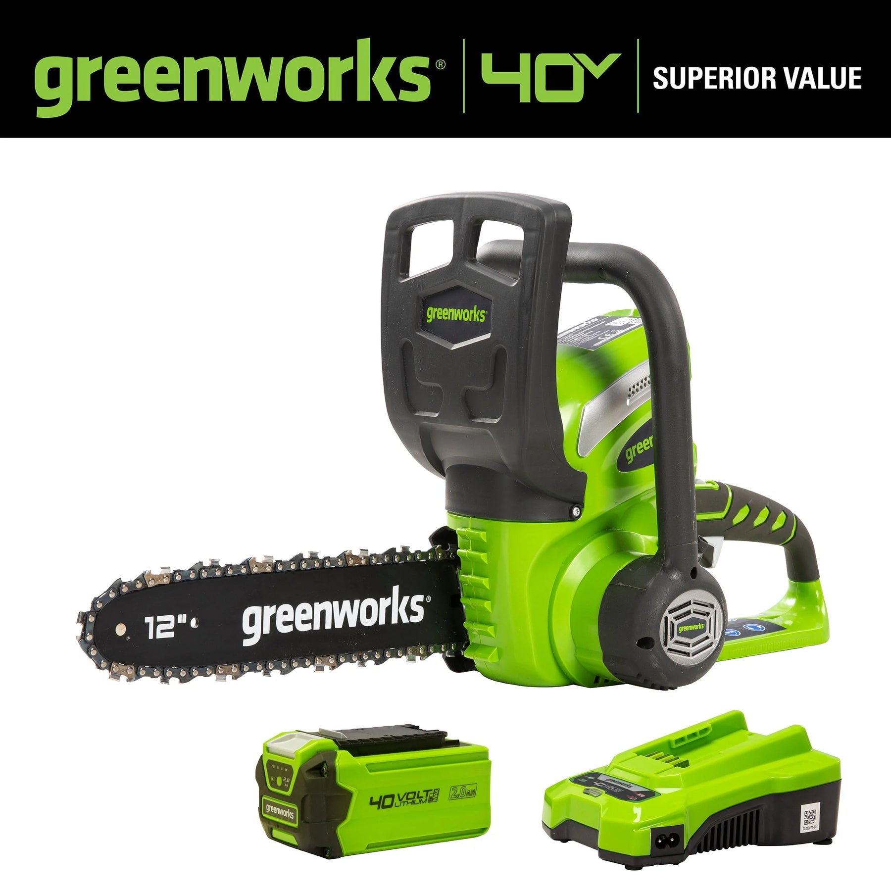 Greenworks 40V 12" Cordless Chainsaw with 2.0 Ah Battery & Charger, 20262