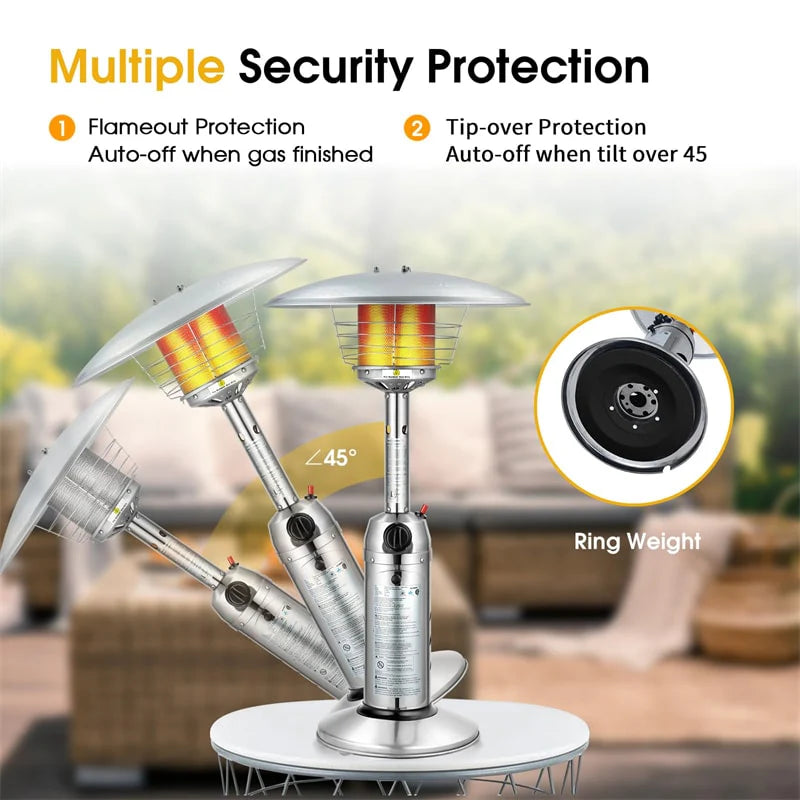 11,000 BTU Tabletop Propane Patio Heater, Portable Stainless Steel Outdoor Heater with Adjustable Flame & Tip - Over Protection