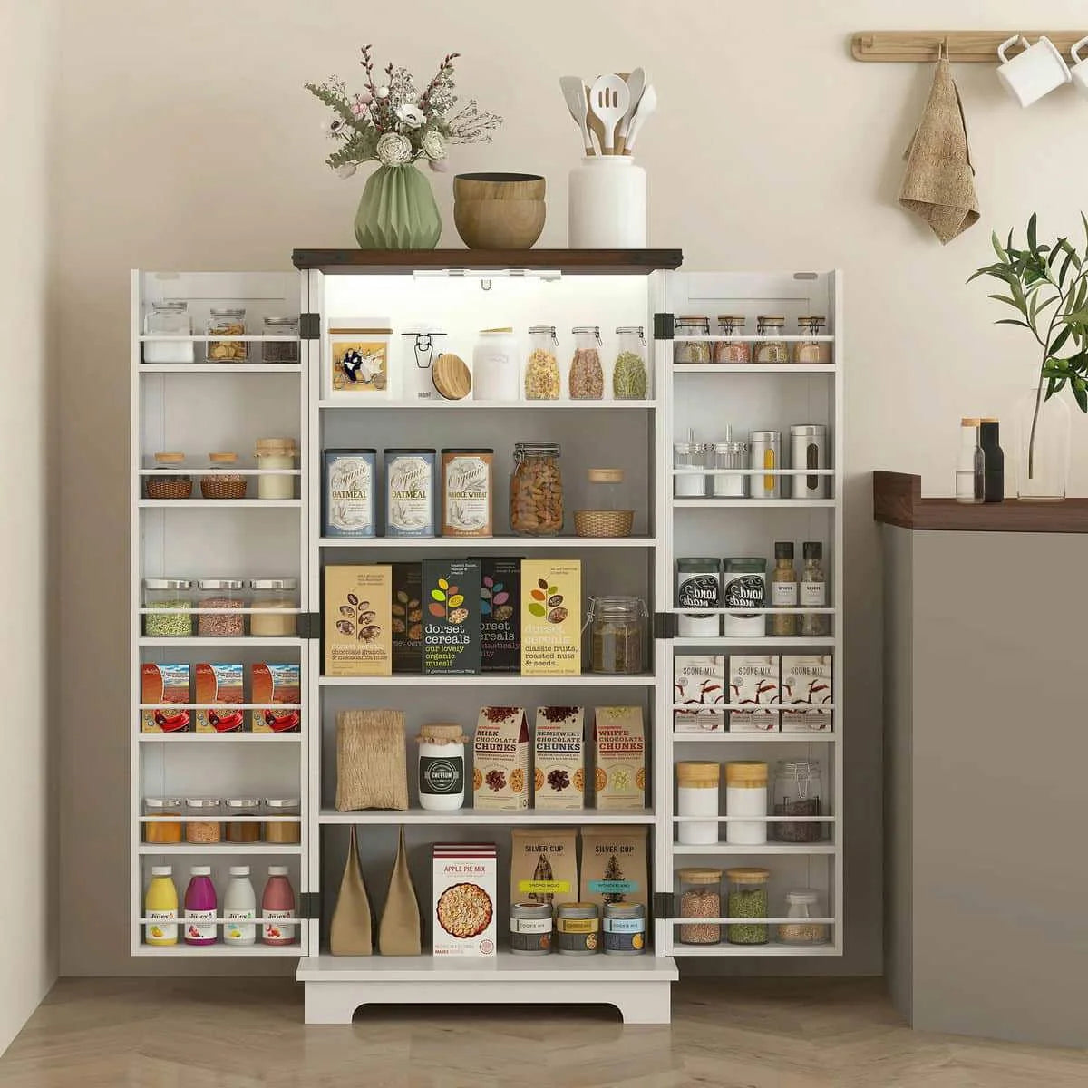 Spaco 17-Tier Kitchen Small Pantry Cabinet with 2 Doors and 6 Adjustable Shelves, Cabinet Pantry, Freestanding 5-Tier Shelving Pantries