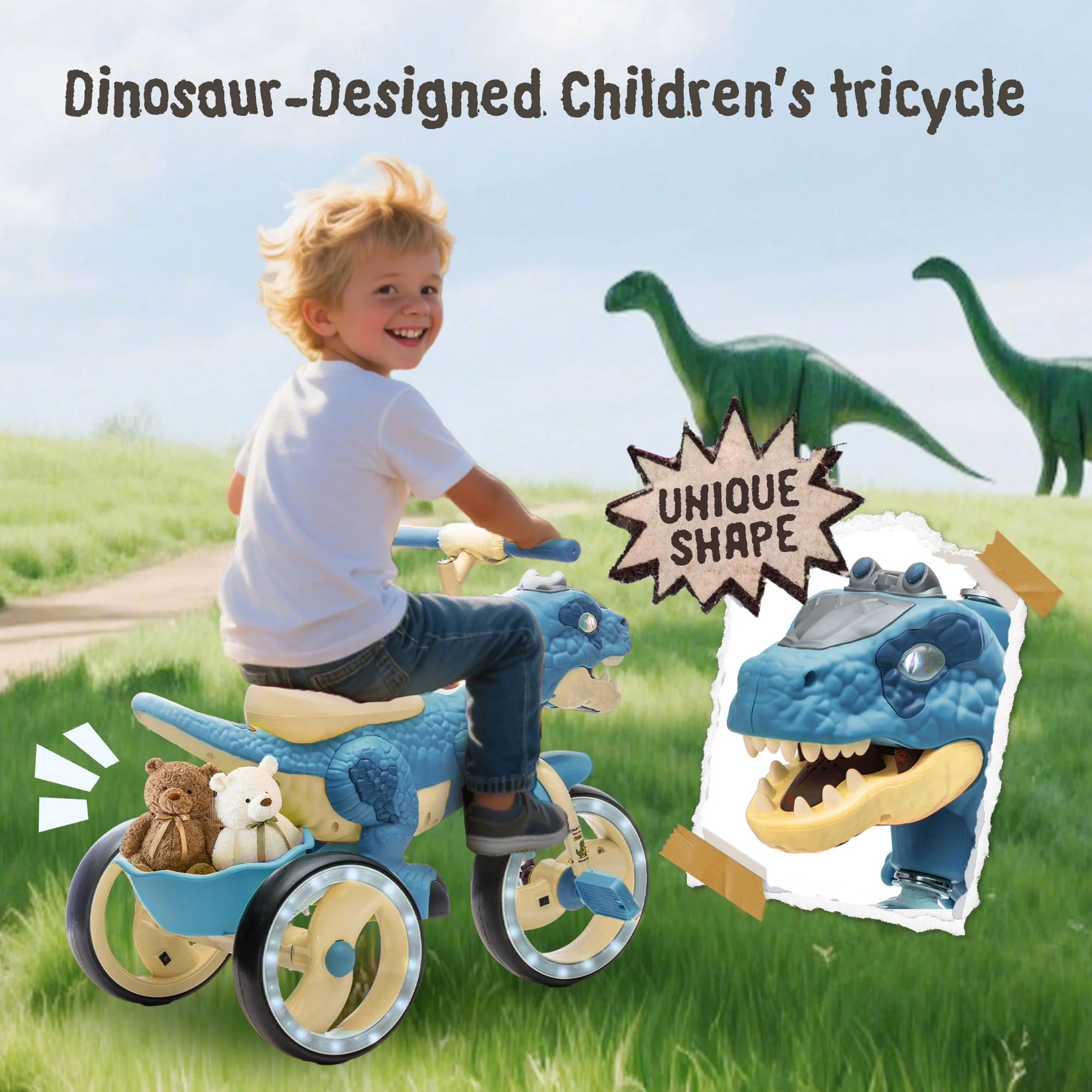 Xuanlur Kids Ride on Dinosaur Tricycle, Toddlers Kid Trike with Wide Flash Wheels, Anti - Slip Pedals, Rear Basket, Music & LED Lights, Toddler Bike