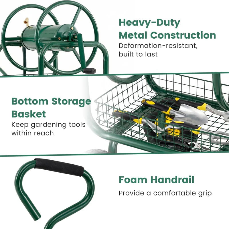 Portable Garden Hose Reel Cart Holds 300FT of 5/8" Large Capacity, Heavy - Duty Metal Hose Cart with 4 Wheels & Storage Basket for Lawn Yard
