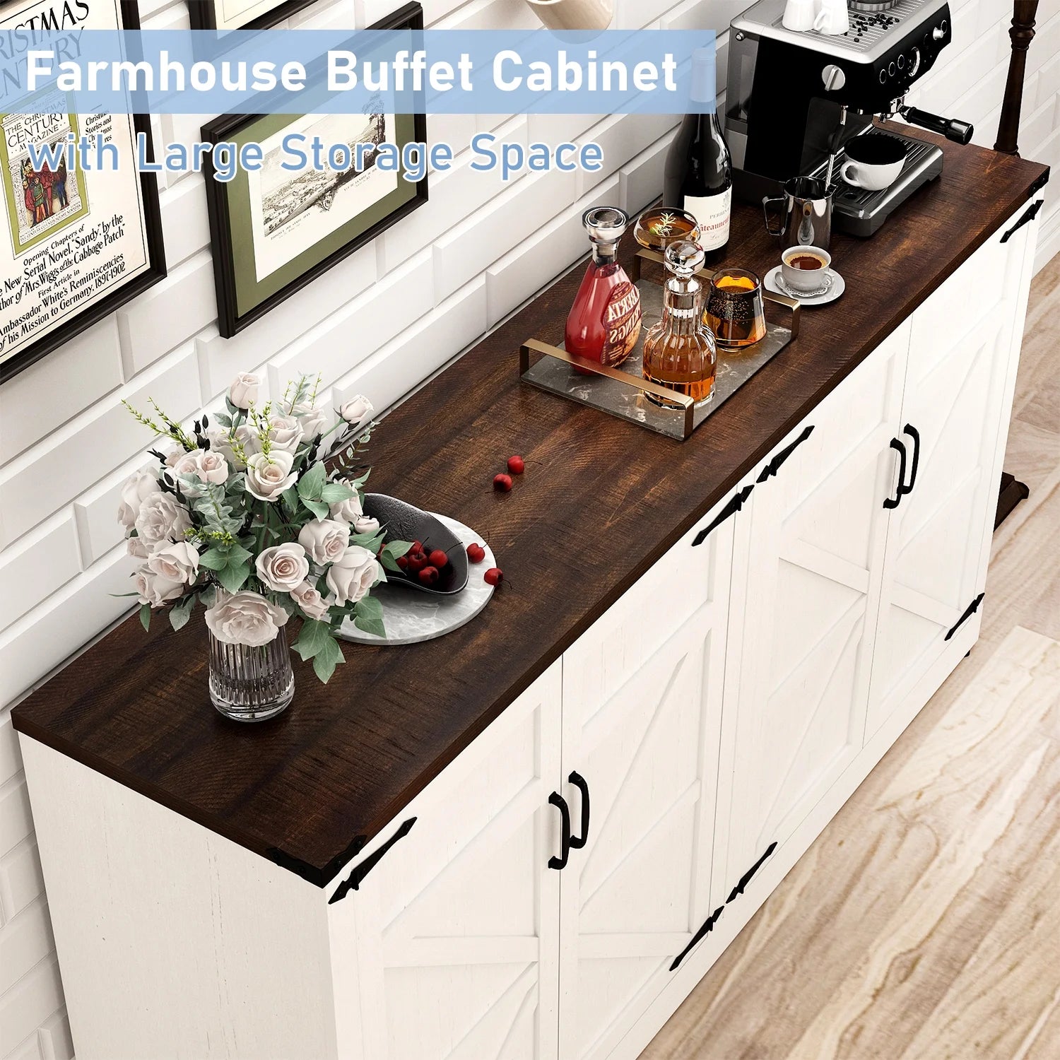 71" Tall Farmhouse Kitchen Pantry Cabinet, 5 Layers Storage Cabinet with Adjustable Shelves, Farmhouse Pantry Cabinet with 4 Barn Doors