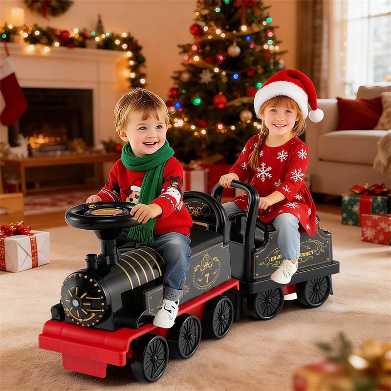 6V 2 - Seater Ride On Train with Detachable Carriage, Under - Seat Storage, Whistle & Flashing LED Lights, Trackless Electric Ride On Toy for Kids