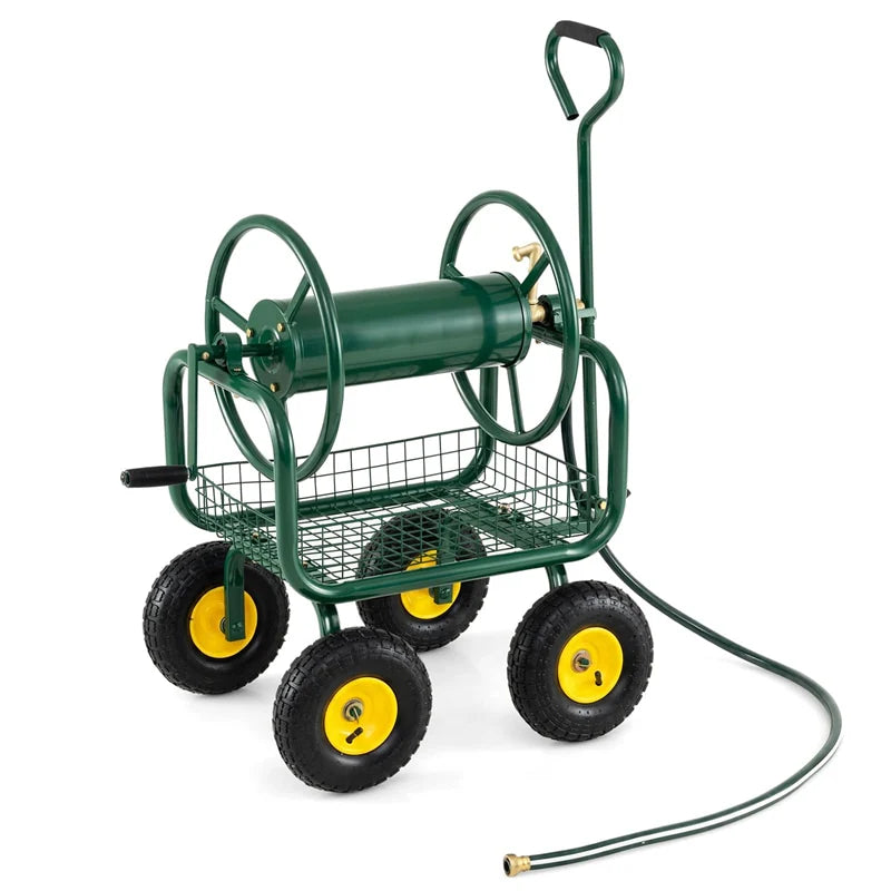 Portable Garden Hose Reel Cart Holds 300FT of 5/8" Large Capacity, Heavy - Duty Metal Hose Cart with 4 Wheels & Storage Basket for Lawn Yard