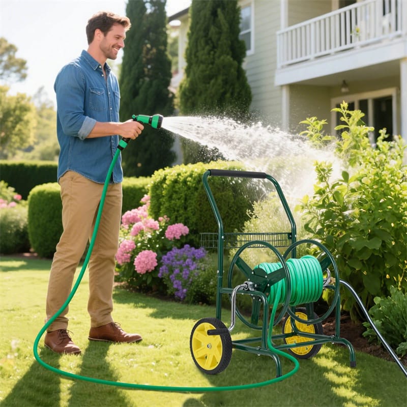 Garden Hose Reel Cart Holds 230FT of 5/8" Hose, Heavy - Duty Hose Cart with 2 Wheels & Storage Basket, Portable Water Hose Organizer for Yard