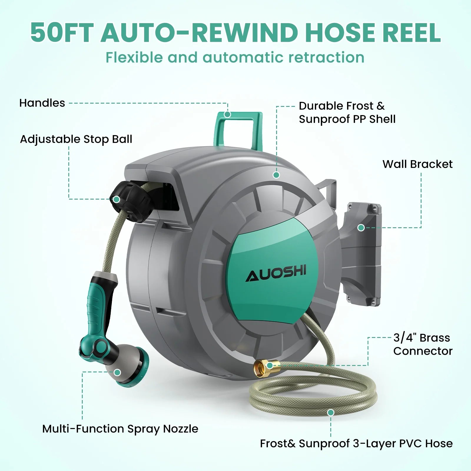 AUOSHI Retractable Garden Hose Reel 1/2" 100ft Automatic Hose Reel with 10 Function Sprayer Nozzle Wall Mount 180 Deg Swivel Bracket Hose Reel