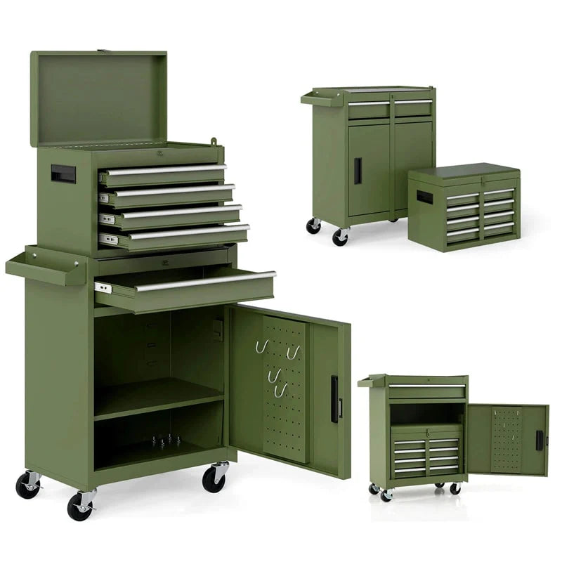 2 - in - 1 Rolling Tool Chest, 5-Drawer Tool Storage Cabinet with Wheels, Adjustable Shelf, Tool Box Organizer for Garage Warehouse Workshop