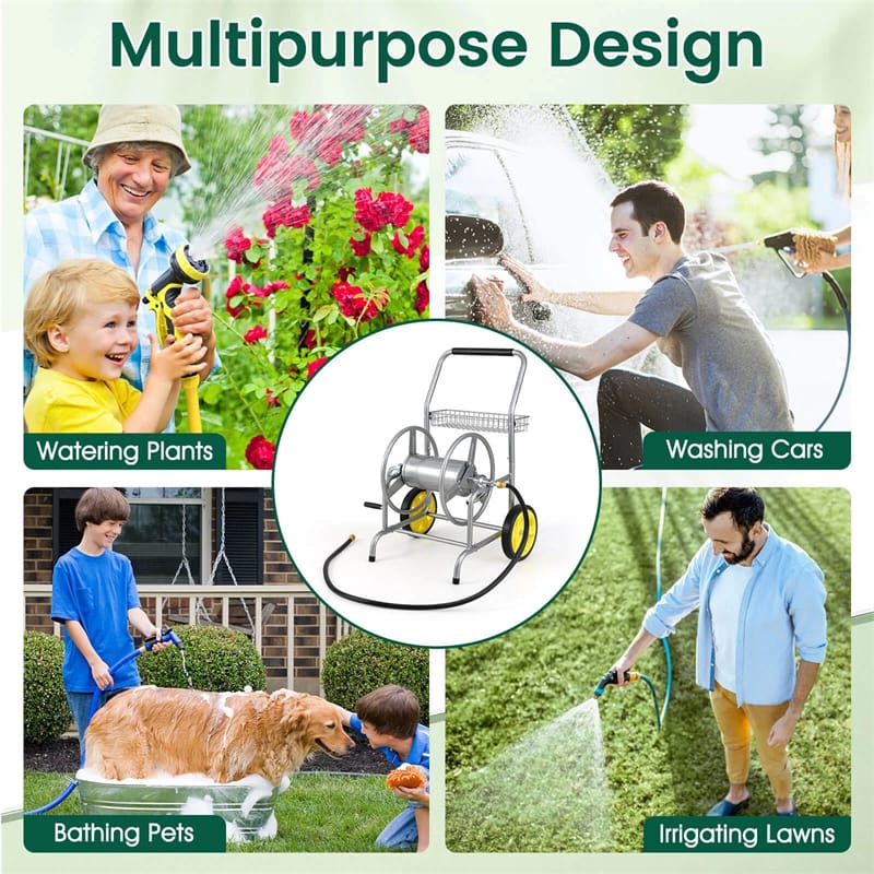 Garden Hose Reel Cart Holds 230FT of 5/8" Hose, Heavy - Duty Hose Cart with 2 Wheels & Storage Basket, Portable Water Hose Organizer for Yard