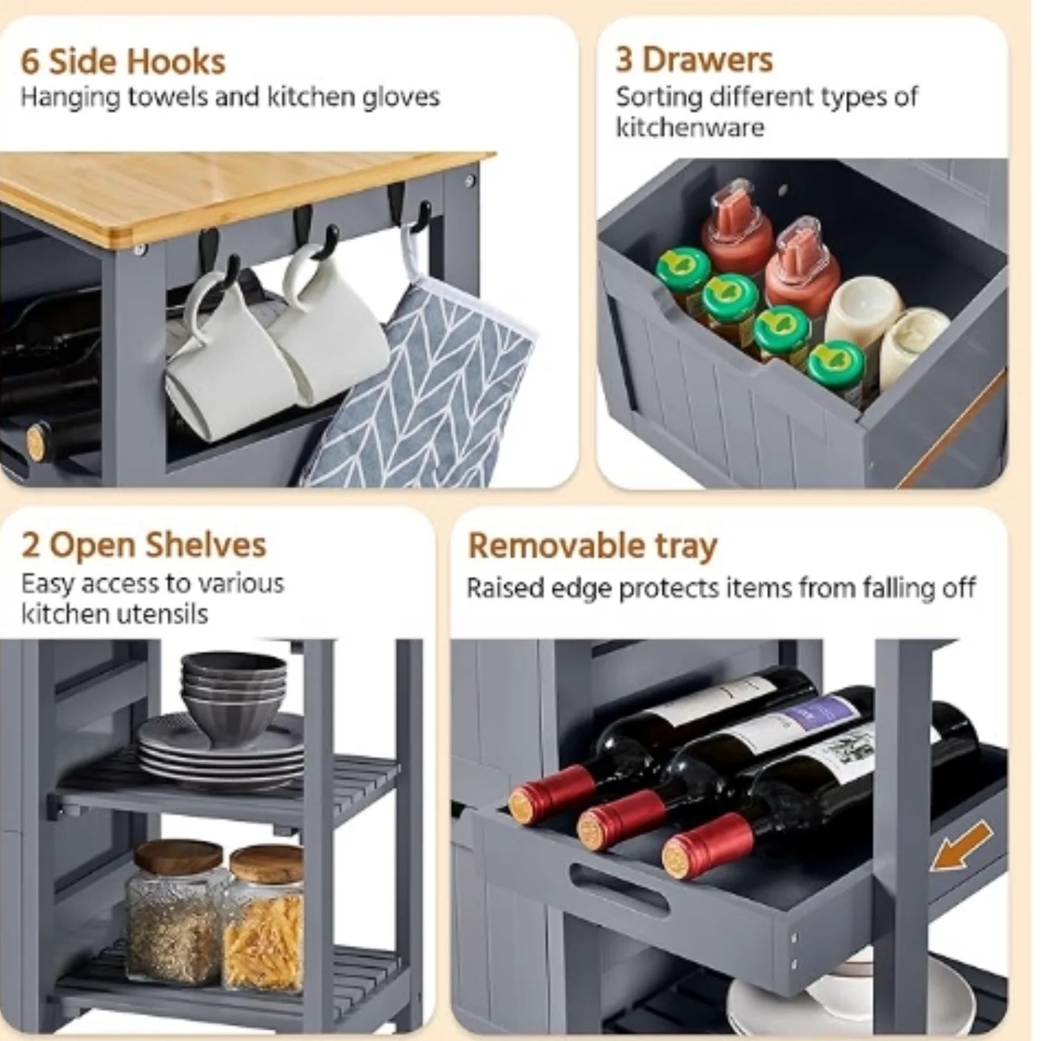 Kitchen Island Cart on Wheels with Storage, Solid Wood Top, 3 Drawers and Removable Shelves, Rolling Utility Cart, Dark Gray