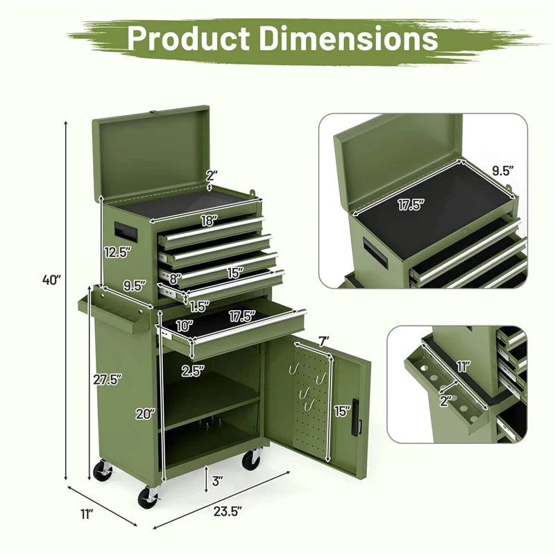 2 - in - 1 Rolling Tool Chest, 5-Drawer Tool Storage Cabinet with Wheels, Adjustable Shelf, Tool Box Organizer for Garage Warehouse Workshop