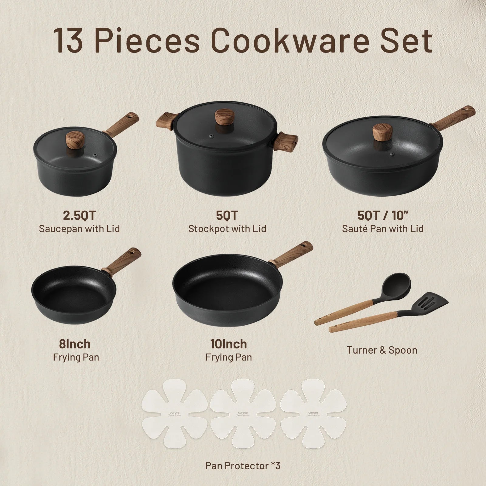 Carote 13-Pcs Nonstick Cookware Sets, Pots and Pans with Stay - Cool Handles, Induction Compatible Kitchen Set, (Black)