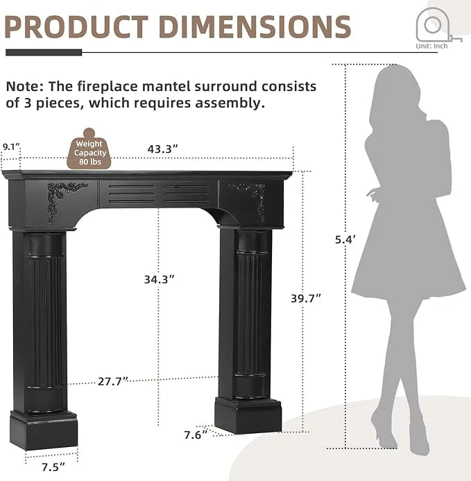 EPICOZY 43.3" Fireplace Mantel, Freestanding Fireplace Surround with Leg for Electric Fireplaces, MDF Mantel Surround with Shelf