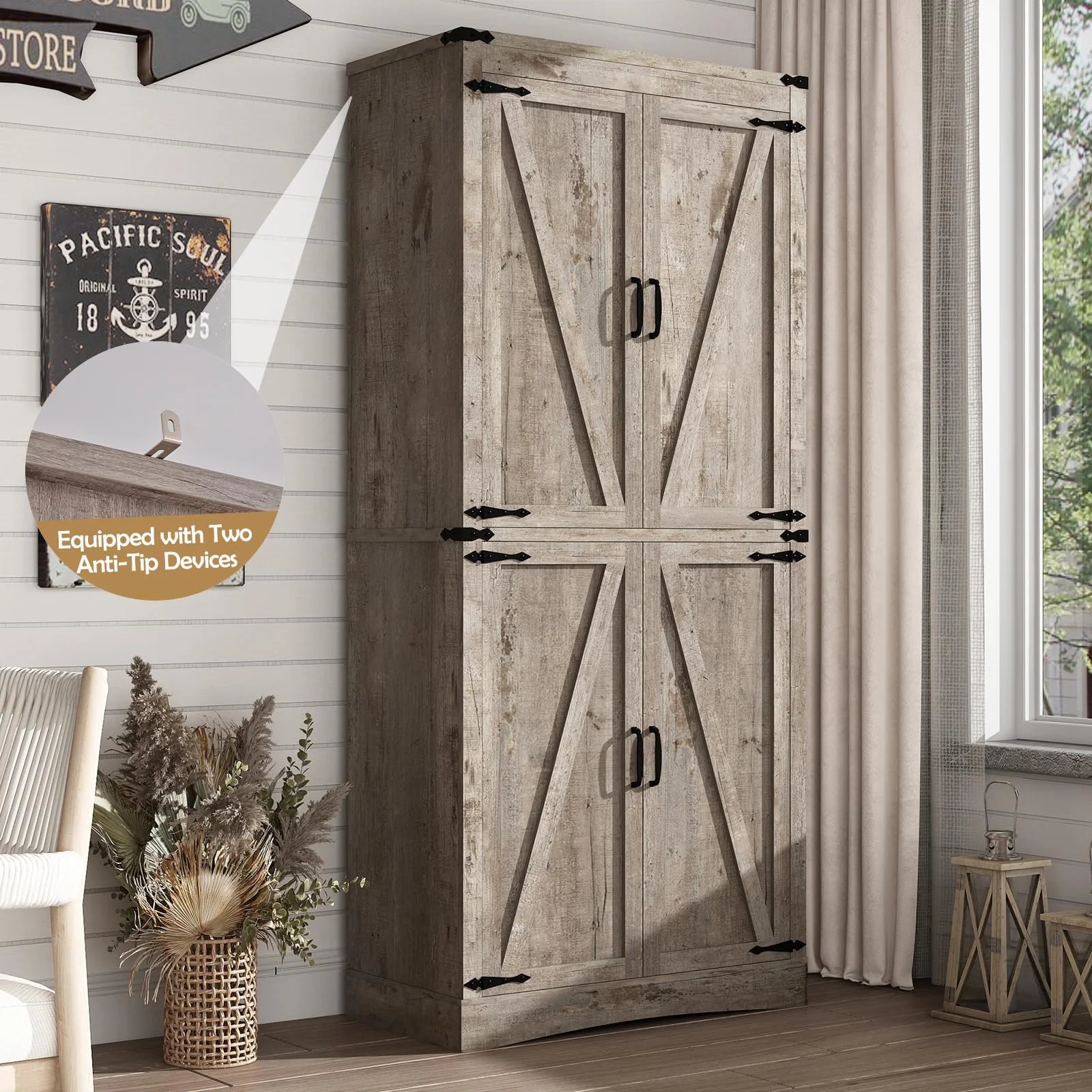 71" Tall Farmhouse Kitchen Pantry Cabinet, 5 Layers Storage Cabinet with Adjustable Shelves, Farmhouse Pantry Cabinet with 4 Barn Doors