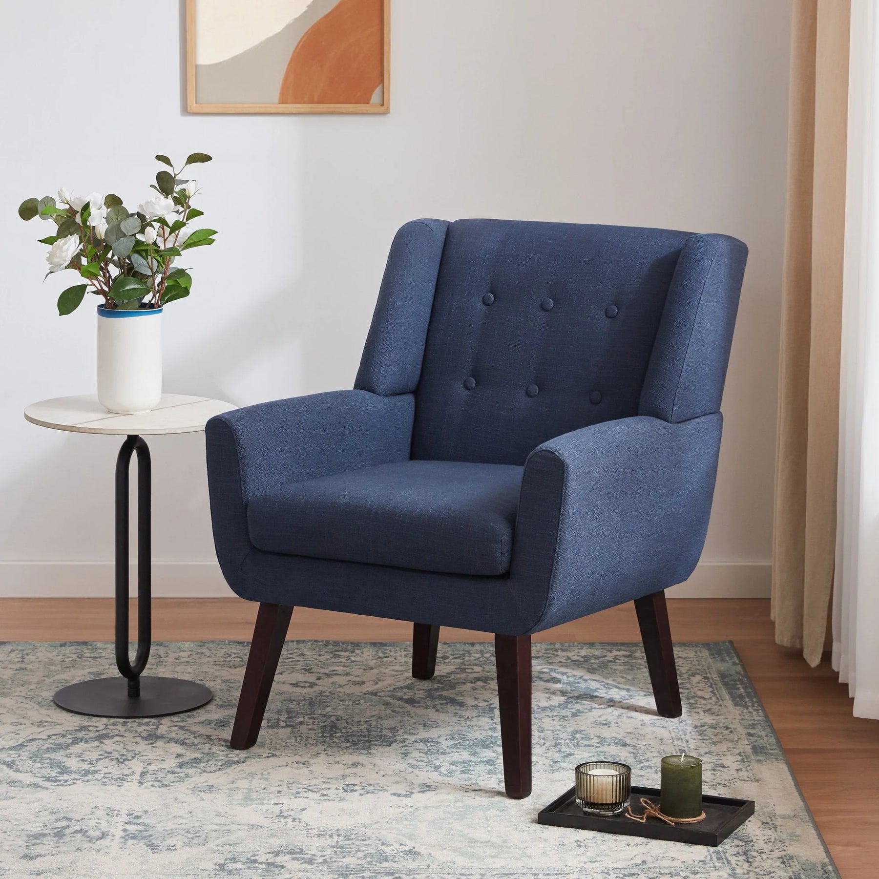 HUIMO Accent Chair, Button Tufted Upholstered Living Room Chairs, Mid Century Modern Comfy Reading Chairs for Bedroom, Living Room, Beige