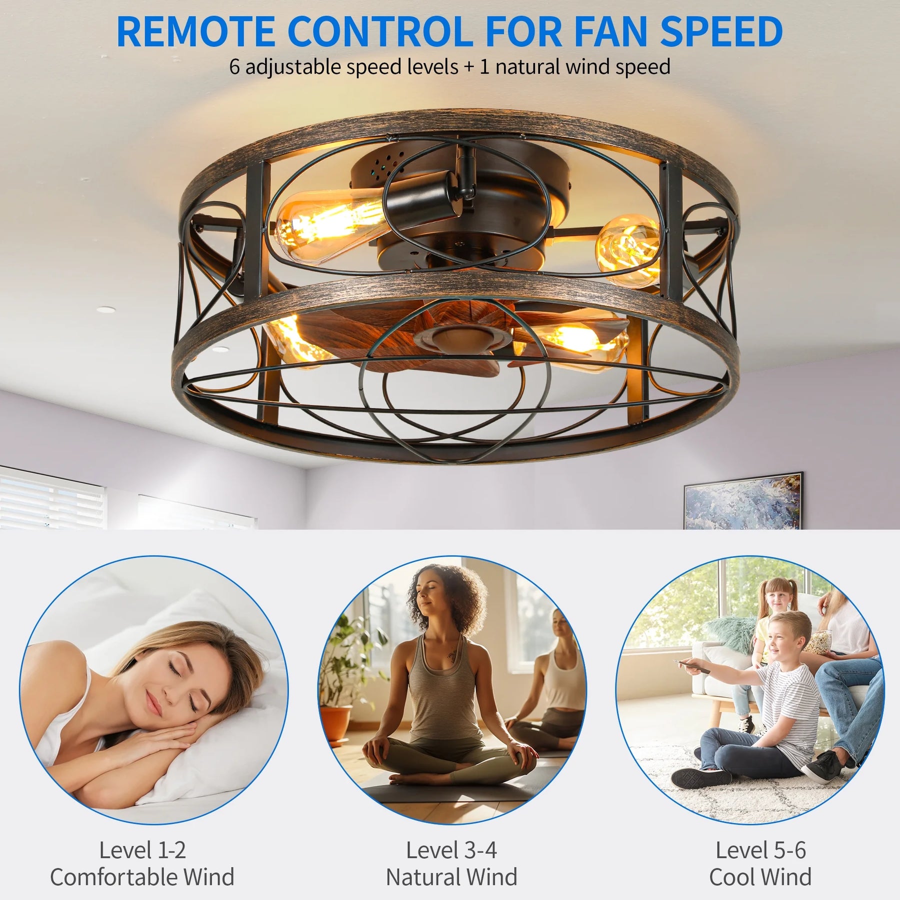 Dextrus 20" Caged Ceiling Fan with Lights and Remote Control, Rustic Farmhouse Flush Mount Design with Reversible DC Motor, 6 Speed Settings