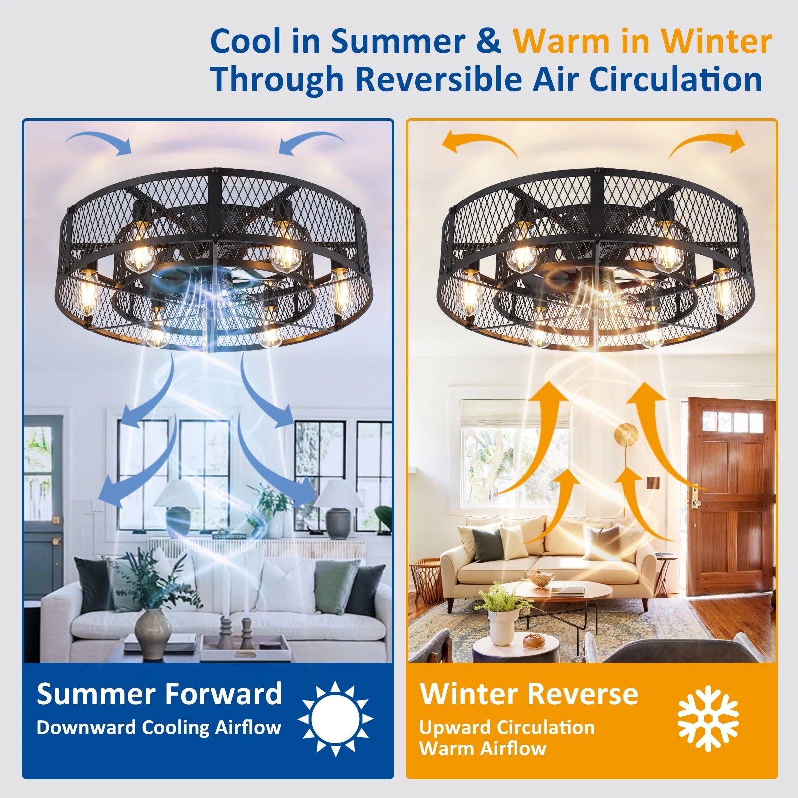 26 - Inch Farmhouse Caged Ceiling Fan with Light, Remote & APP Control Quiet DC Motor E26 Bulbs Included Black