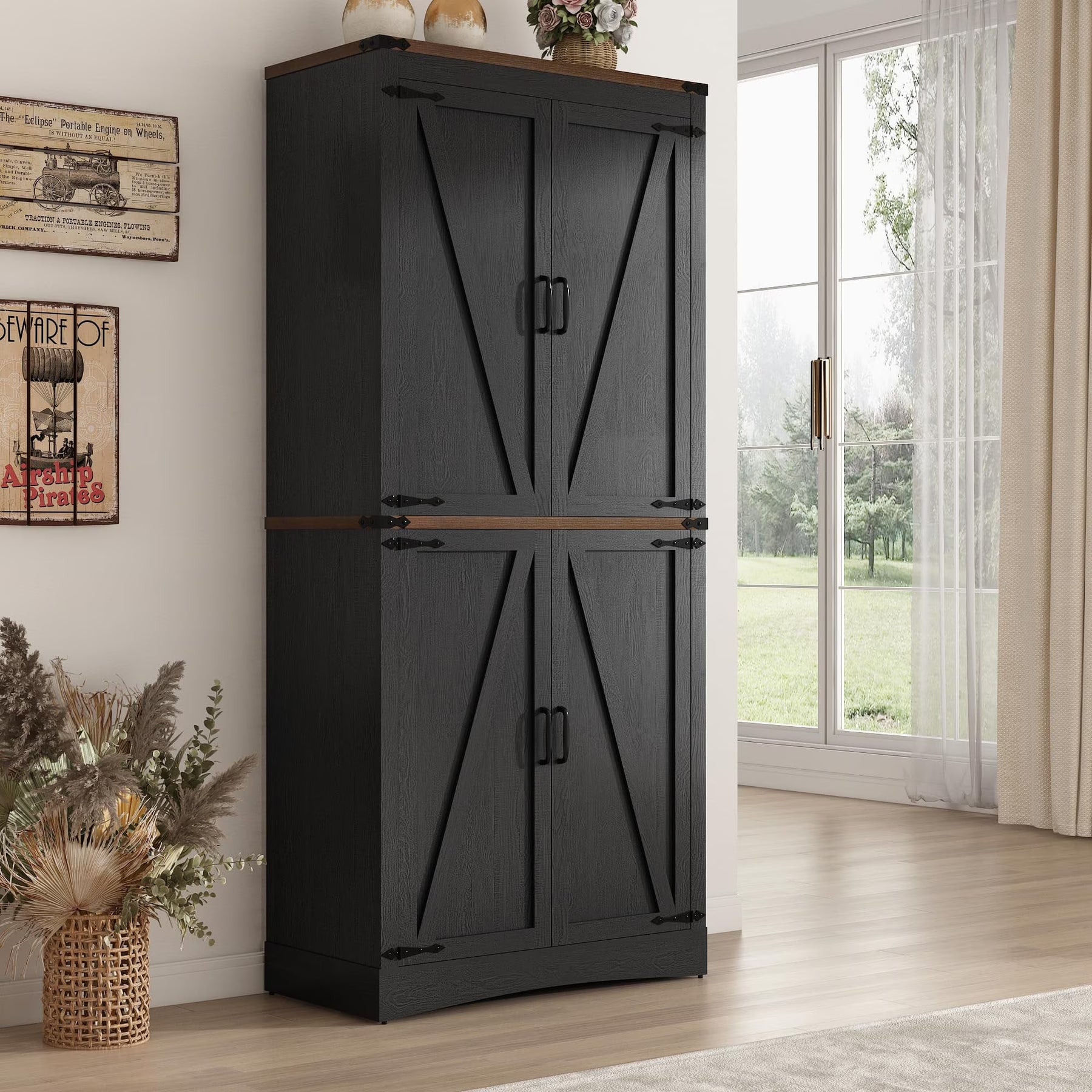 71" Tall Farmhouse Kitchen Pantry Cabinet, 5 Layers Storage Cabinet with Adjustable Shelves, Farmhouse Pantry Cabinet with 4 Barn Doors