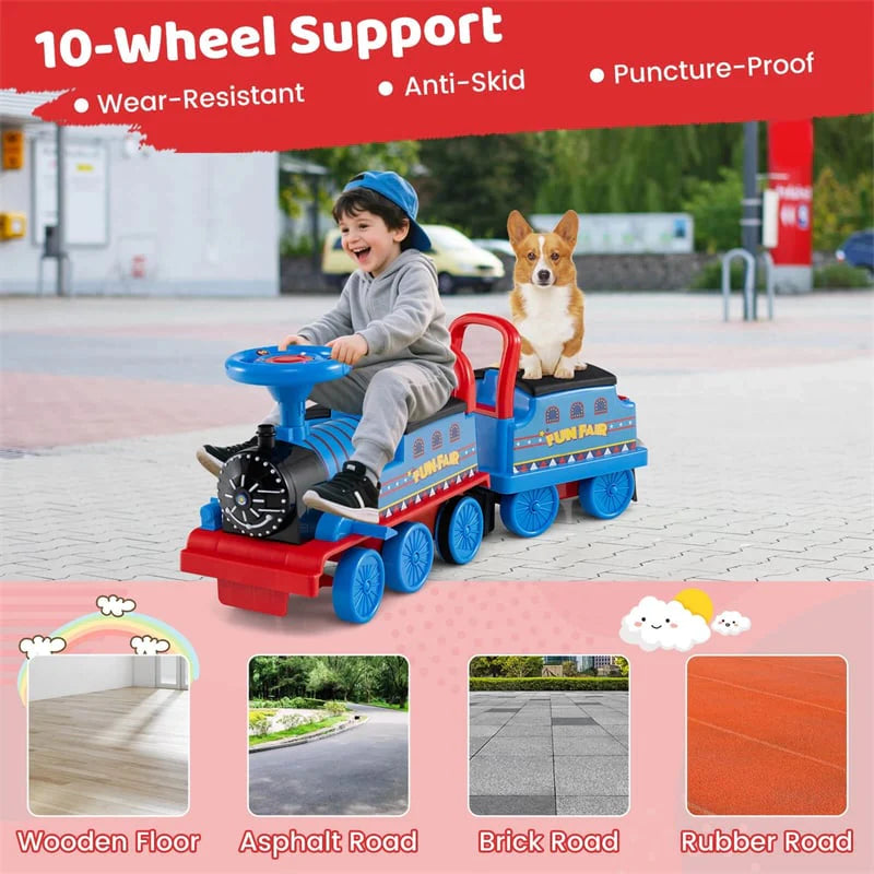 6V 2 - Seater Ride On Train with Detachable Carriage, Under - Seat Storage, Whistle & Flashing LED Lights, Trackless Electric Ride On Toy for Kids