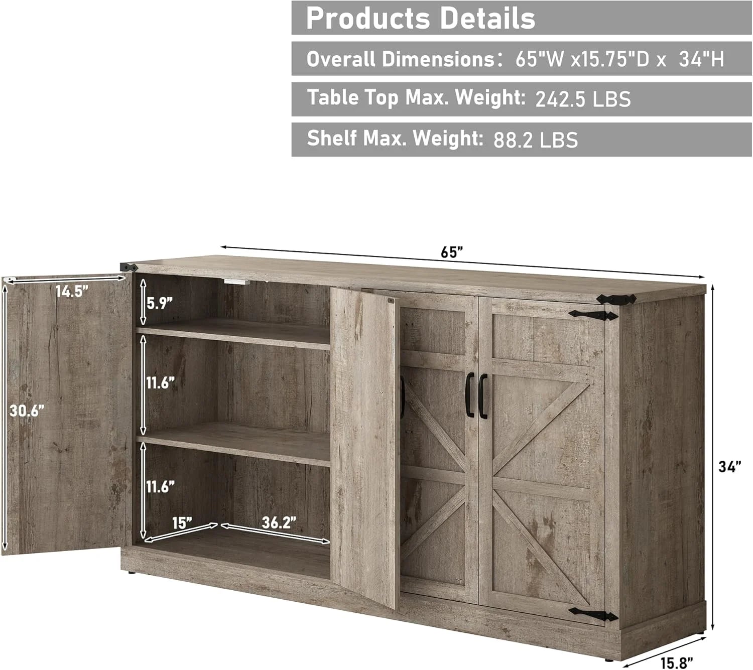 71" Tall Farmhouse Kitchen Pantry Cabinet, 5 Layers Storage Cabinet with Adjustable Shelves, Farmhouse Pantry Cabinet with 4 Barn Doors