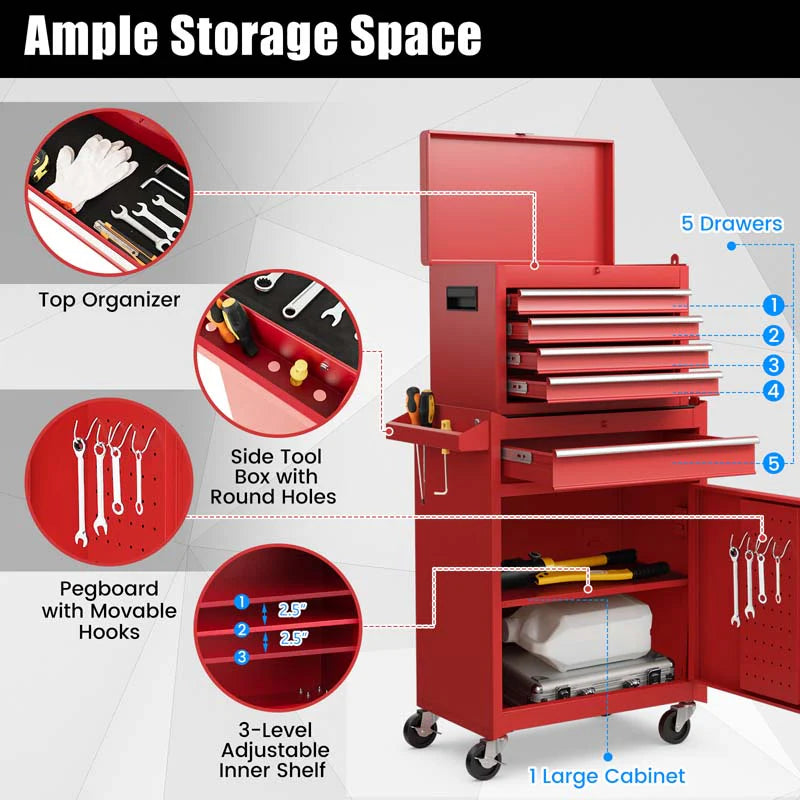 2 - in - 1 Rolling Tool Chest, 5-Drawer Tool Storage Cabinet with Wheels, Adjustable Shelf, Tool Box Organizer for Garage Warehouse Workshop