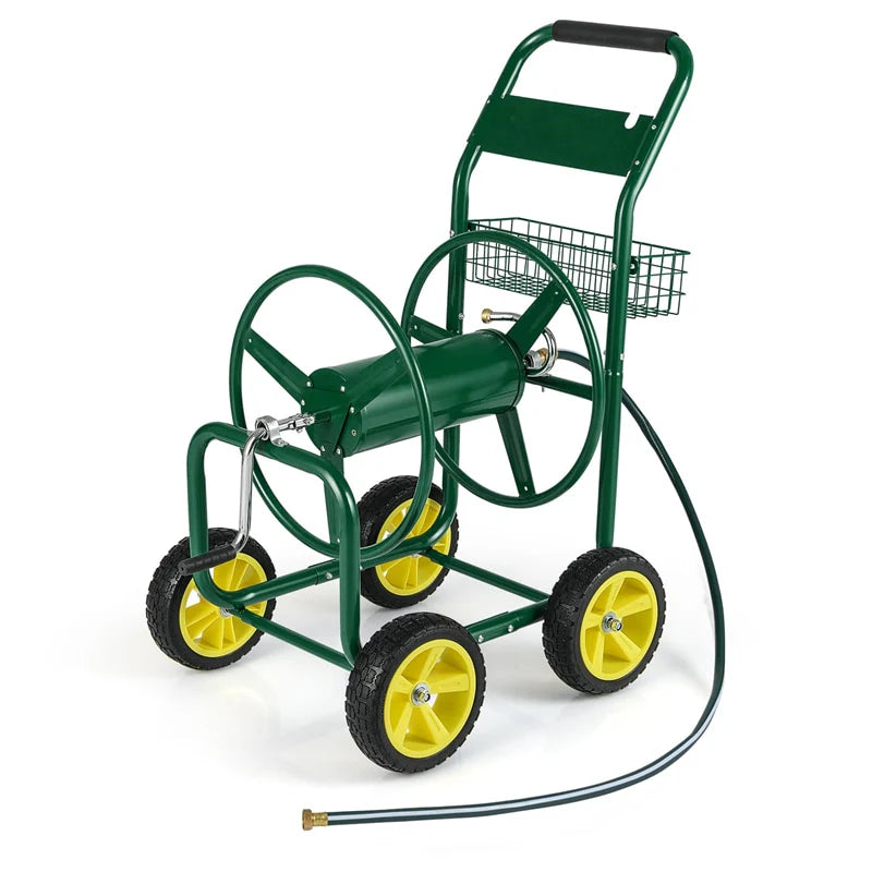 Heavy Duty Metal Garden Hose Reel Cart Holds 300FT of 5/8" Hose with 4 Wheels & Storage Basket, Portable Water Hose Organizer for Yard Lawn