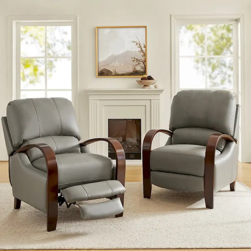 Set of 2 Alex Mid - Century Modern Genuine Leather Manual Recliners with Curved Wooden Arms