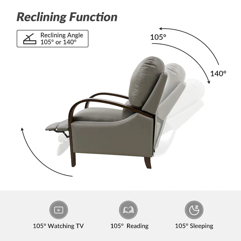 Set of 2 Alex Mid - Century Modern Genuine Leather Manual Recliners with Curved Wooden Arms