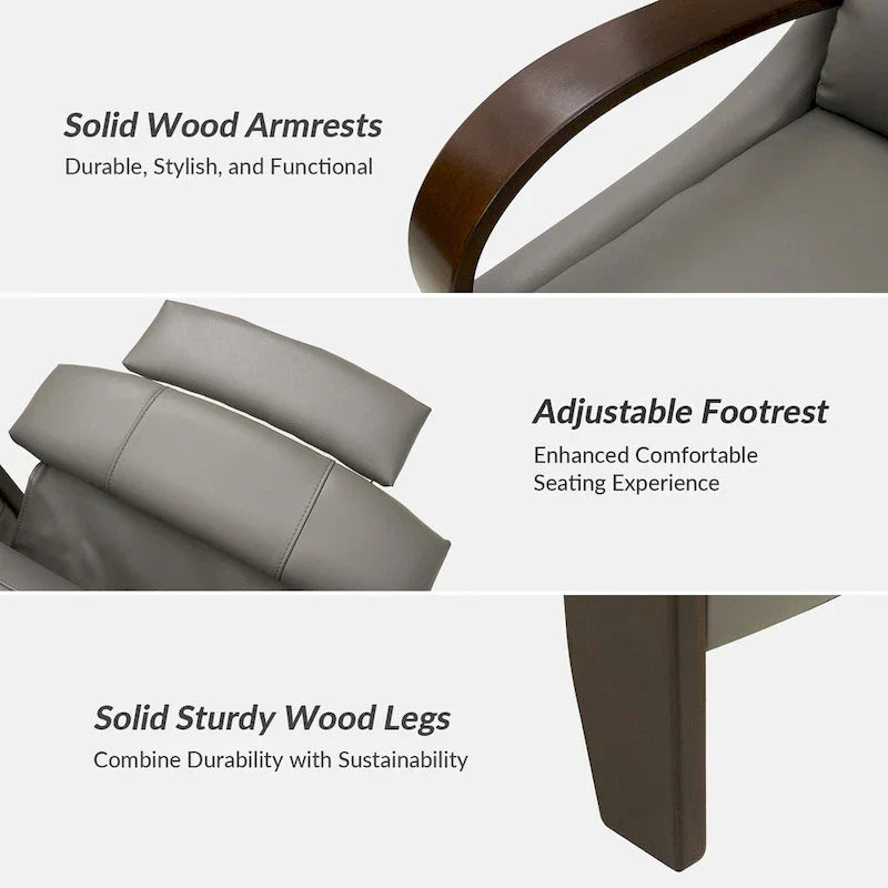 Set of 2 Alex Mid - Century Modern Genuine Leather Manual Recliners with Curved Wooden Arms