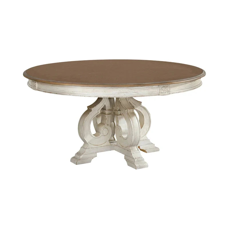 Caelum 7-Piece Round Dining Set with White Fabric Upholstery by The Gray Barn