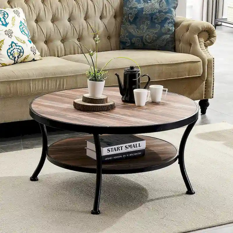 Myhozm Industrial Round Metal Coffee Table with Shelf – Perfect for Living Room, Home Office, and Bedroom