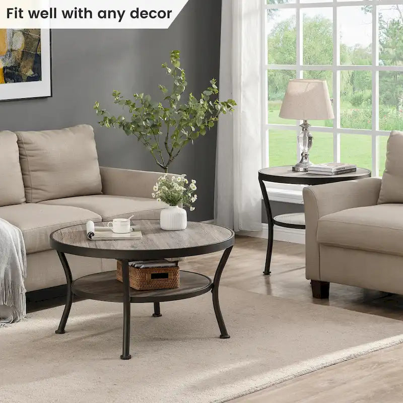 Myhozm Industrial Round Metal Coffee Table with Shelf – Perfect for Living Room, Home Office, and Bedroom
