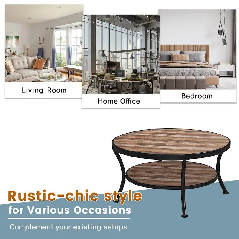 Myhozm Industrial Round Metal Coffee Table with Shelf – Perfect for Living Room, Home Office, and Bedroom
