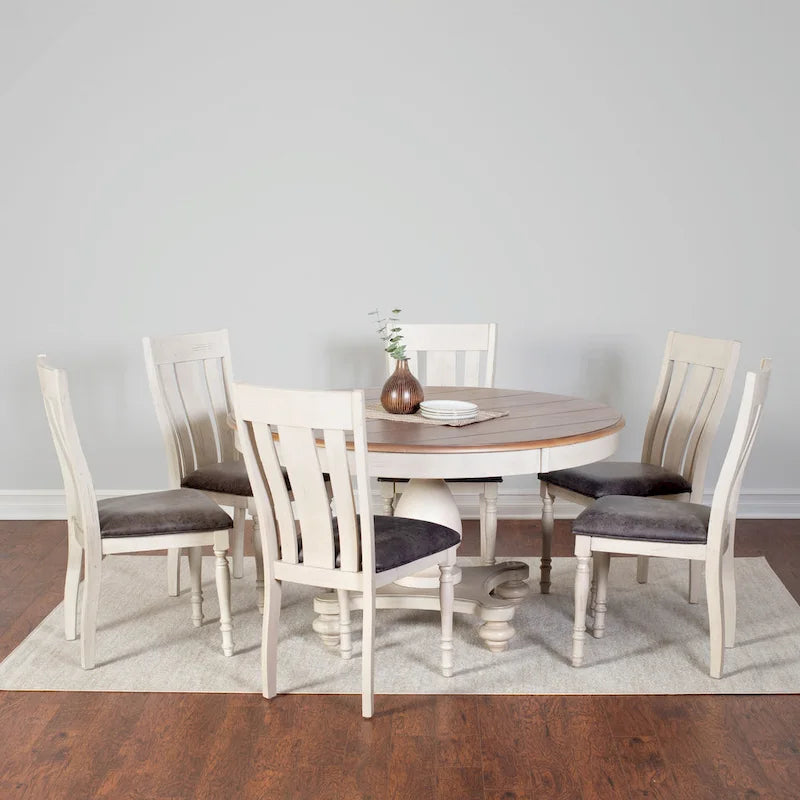 Roundhill Furniture 5-Piece Dining Set: Round Weathered Oak Table with 4 Chairs