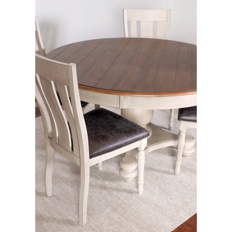 Roundhill Furniture 5-Piece Dining Set: Round Weathered Oak Table with 4 Chairs