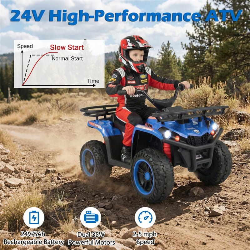 24V Kids ATV Ride On Quad, Electric 4 Wheeler Toy with 5Mph Max Speed, LED Headlights, Music, Front & Rear Storage for Boys Girls