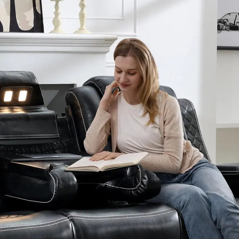 Black Power Reclining Sofa with Wireless Charger, Reading Light, Faux Leather, LED Lighting, AC/USB Ports, and Cup Holder for Living Room