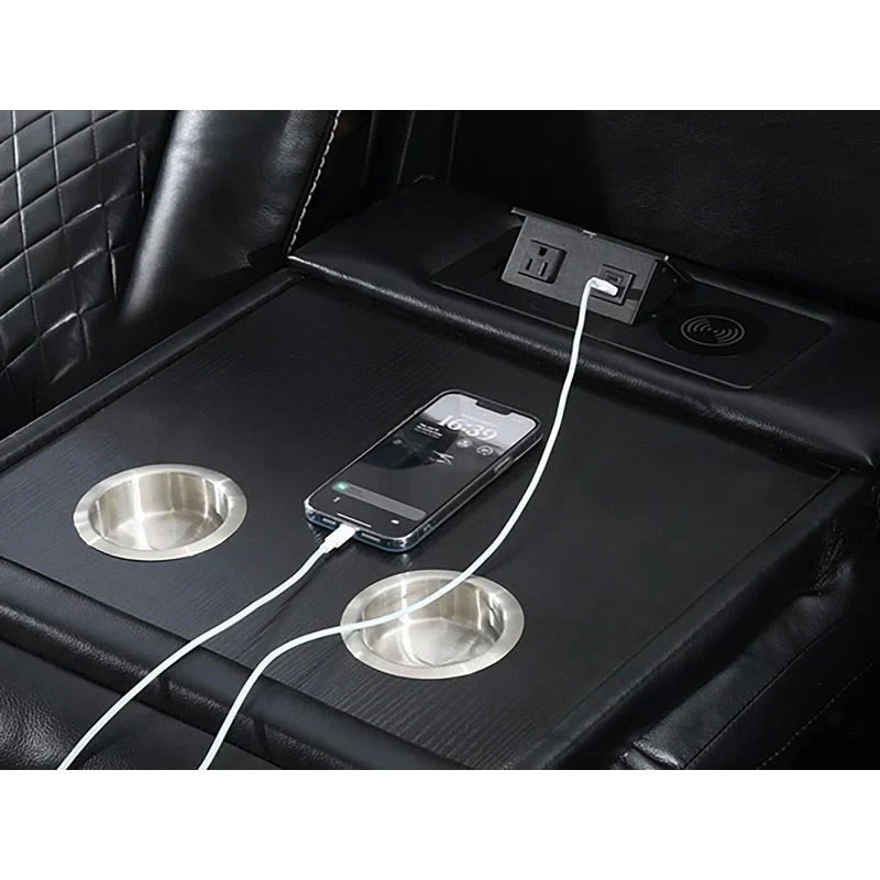 Black Power Reclining Sofa with Wireless Charger, Reading Light, Faux Leather, LED Lighting, AC/USB Ports, and Cup Holder for Living Room