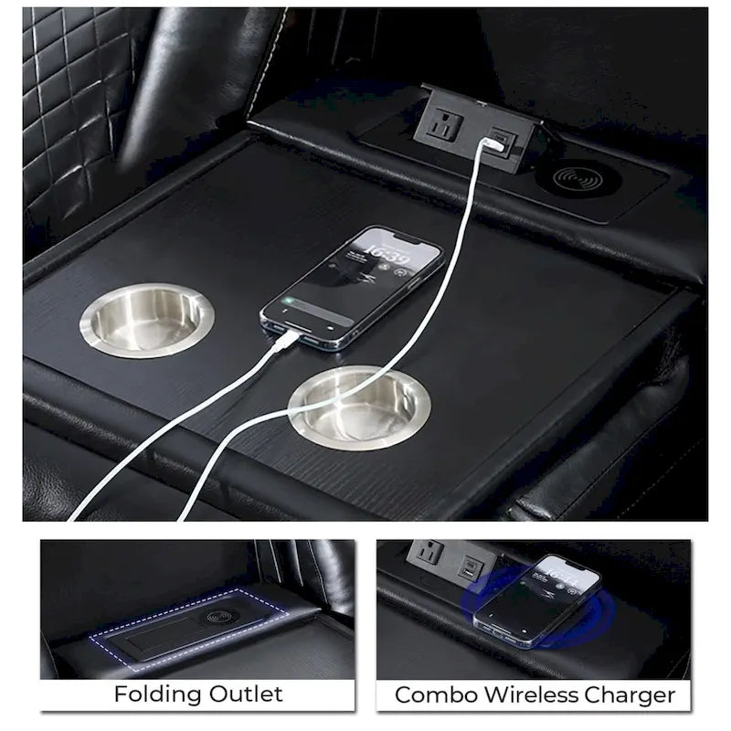 Black Power Reclining Sofa with Wireless Charger, Reading Light, Faux Leather, LED Lighting, AC/USB Ports, and Cup Holder for Living Room