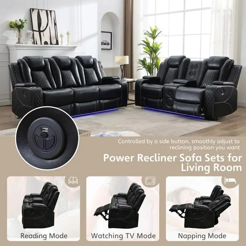 Black Power Reclining Sofa with Wireless Charger, Reading Light, Faux Leather, LED Lighting, AC/USB Ports, and Cup Holder for Living Room