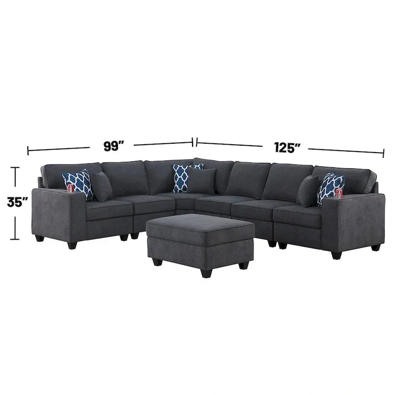 Stone Gray 7-Piece L - Shaped Sectional Sofa Set with Ottoman