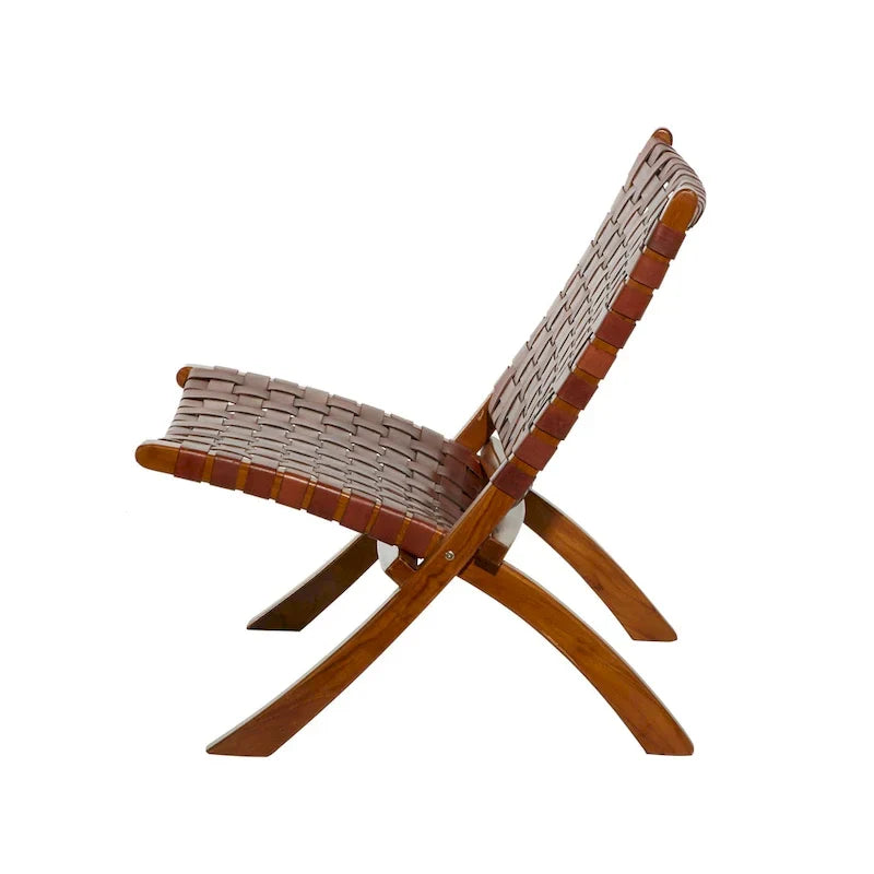 Woven Leather Folding Chair with Brown Wood Frame - Available in Black or Brown - Roche River Decor