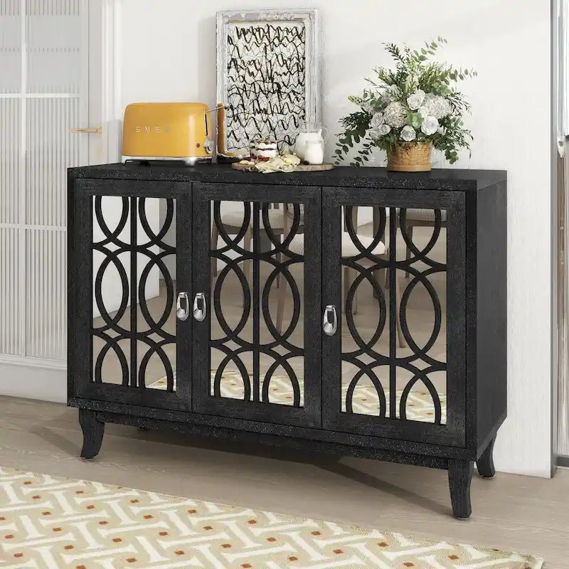Mirrored Buffet Cabinet with Glass Doors and Silver Handles - 3 - Door Sideboard for Living Room, Hallway, and Dining Room