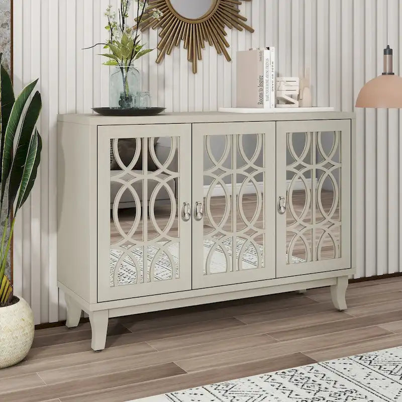 Mirrored Buffet Cabinet with Glass Doors and Silver Handles - 3 - Door Sideboard for Living Room, Hallway, and Dining Room