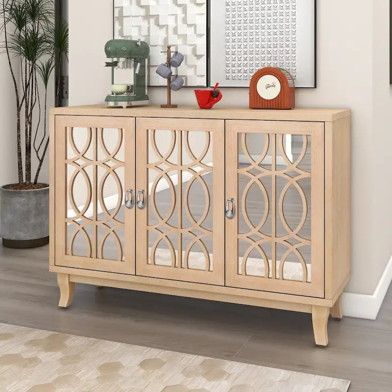 Mirrored Buffet Cabinet with Glass Doors and Silver Handles - 3 - Door Sideboard for Living Room, Hallway, and Dining Room