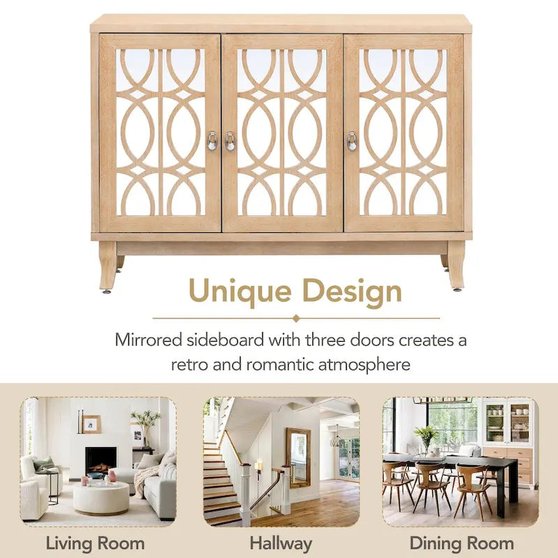 Mirrored Buffet Cabinet with Glass Doors and Silver Handles - 3 - Door Sideboard for Living Room, Hallway, and Dining Room