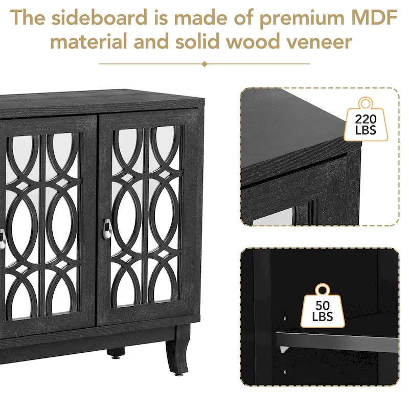 Mirrored Buffet Cabinet with Glass Doors and Silver Handles - 3 - Door Sideboard for Living Room, Hallway, and Dining Room