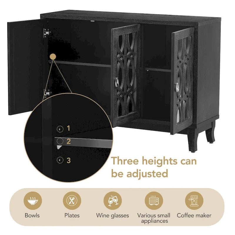 Mirrored Buffet Cabinet with Glass Doors and Silver Handles - 3 - Door Sideboard for Living Room, Hallway, and Dining Room