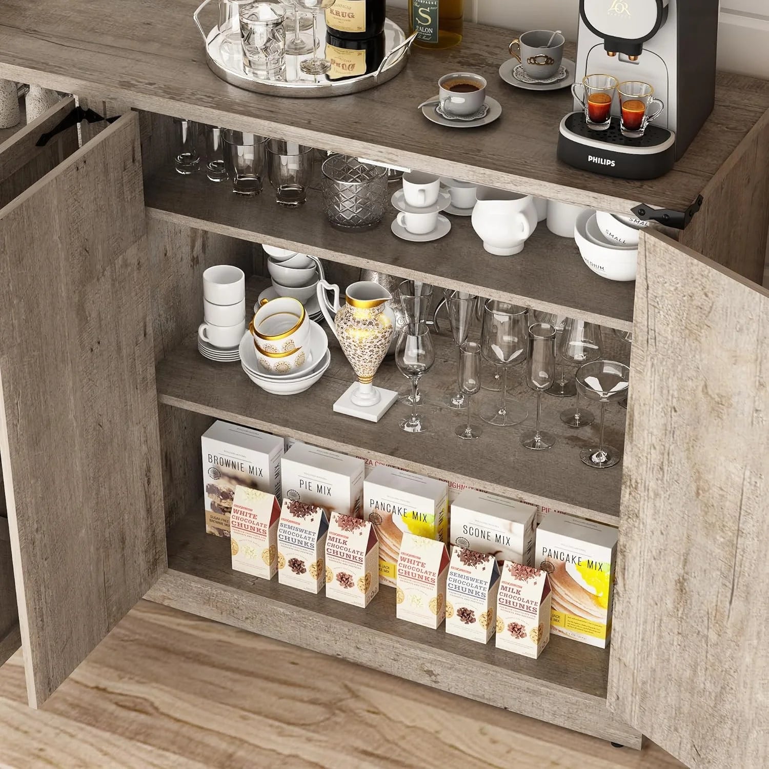 71" Tall Farmhouse Kitchen Pantry Cabinet, 5 Layers Storage Cabinet with Adjustable Shelves, Farmhouse Pantry Cabinet with 4 Barn Doors