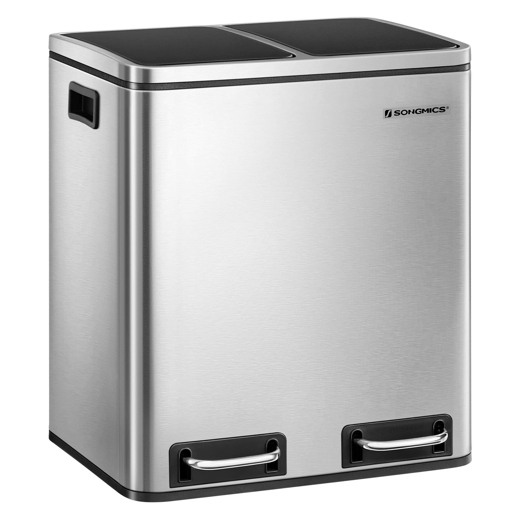 SONGMICS Trash Can, 2 x 4 - Gallon Dual Compartment Garbage Can, 8 Gallon Recycle Bin for Small Kitchens, Silver