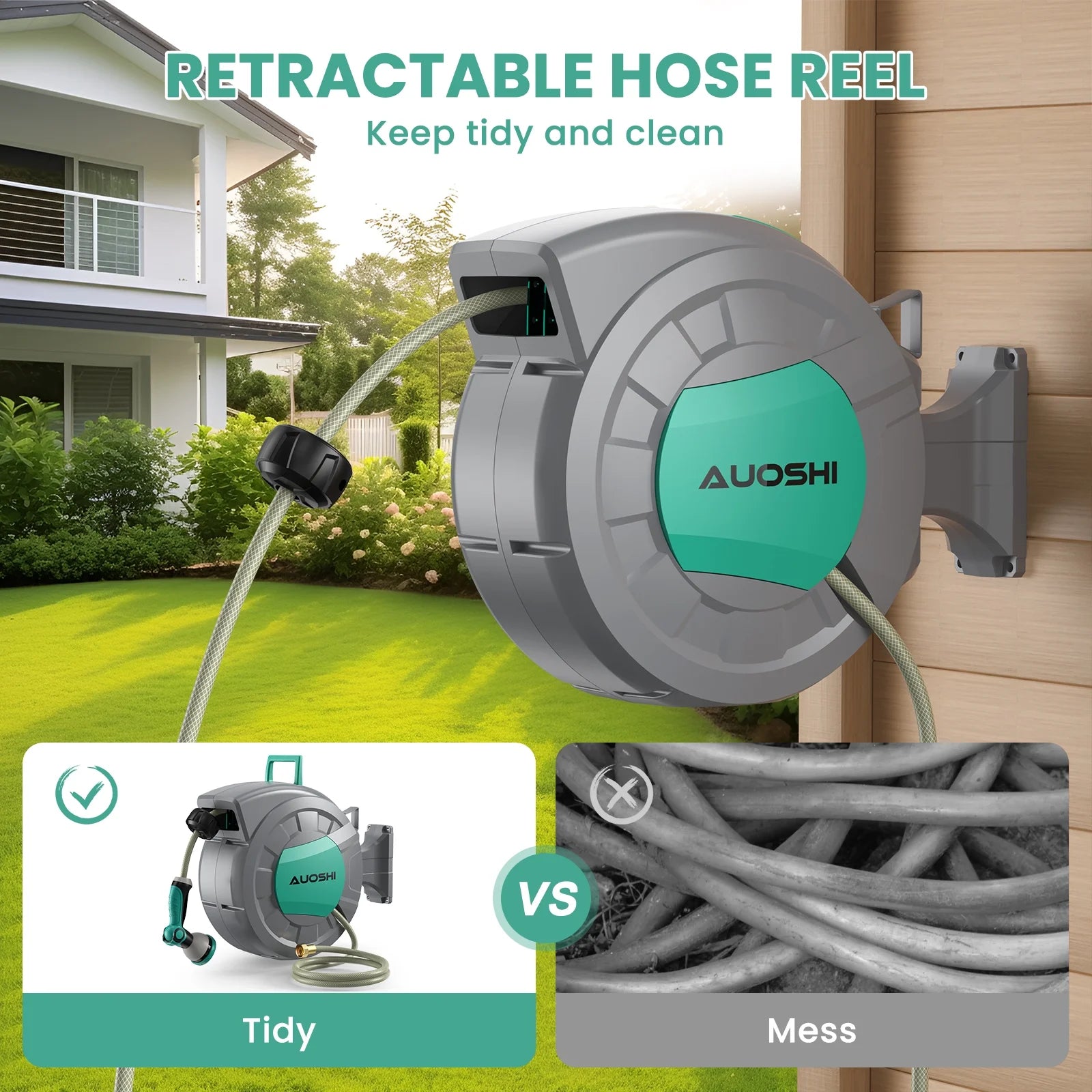 AUOSHI Retractable Garden Hose Reel 1/2" 100ft Automatic Hose Reel with 10 Function Sprayer Nozzle Wall Mount 180 Deg Swivel Bracket Hose Reel